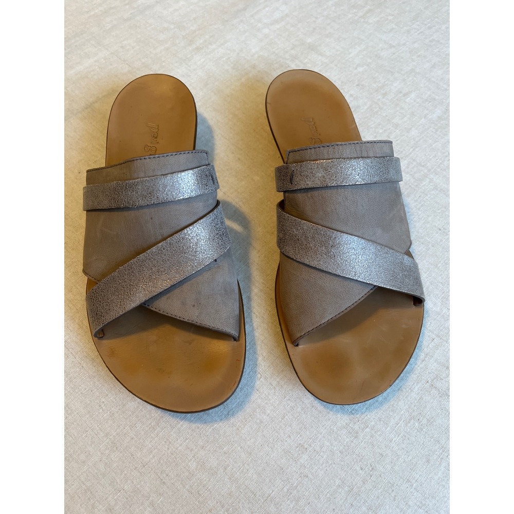 Paul Green Bayside Leather Metallic Slide Sandals Taupe Grey Womens 5.5 3214